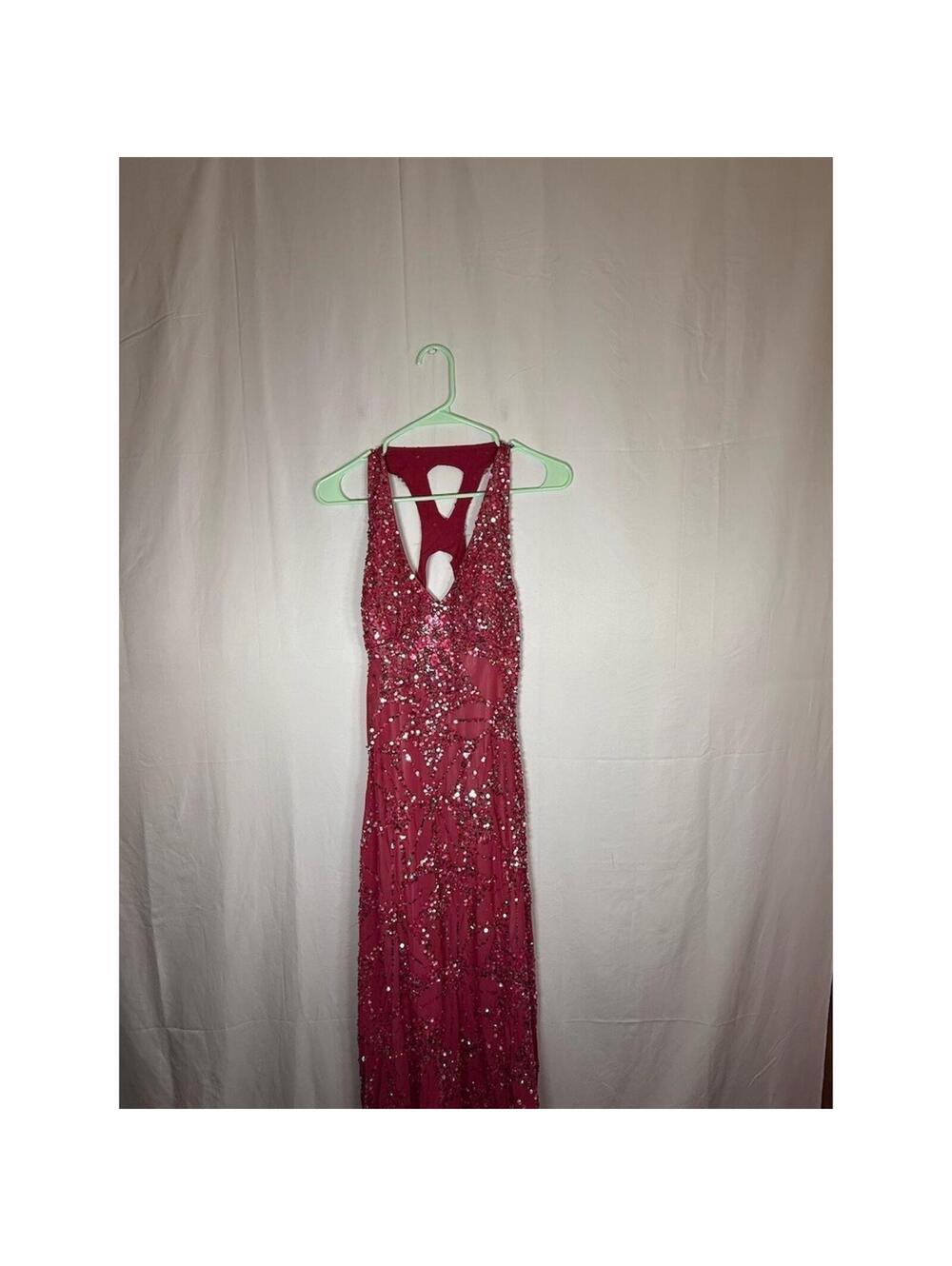 Adrianna Papell Gown Womens Size 8 Pink Sequin Halter Maxi Deep V Back Cutout - Picture 2 of 16